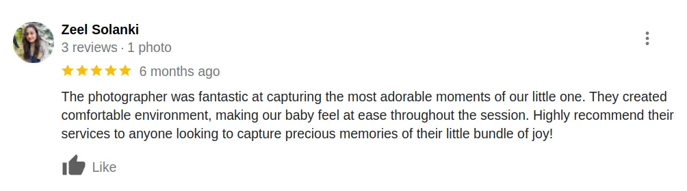 Satisfied client testimonial by Zeel Solanki for newborn photography in Ahmedabad. She is happy with our safety and comfortable environment